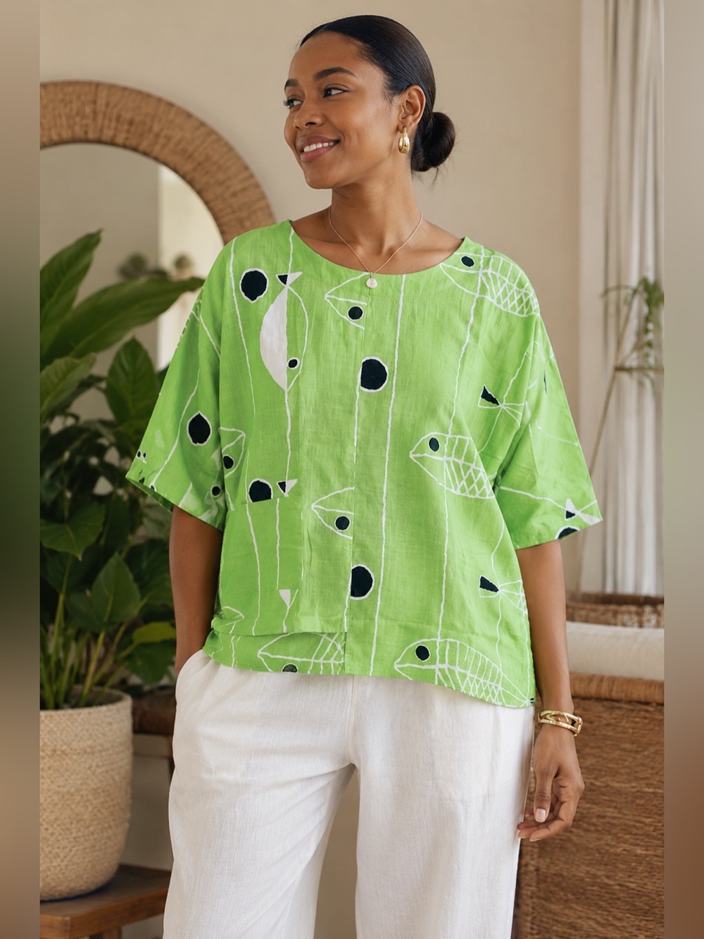 BNWOT Women’s Green Fish Print 100% Cotton Top Size XL Relaxed Fit
